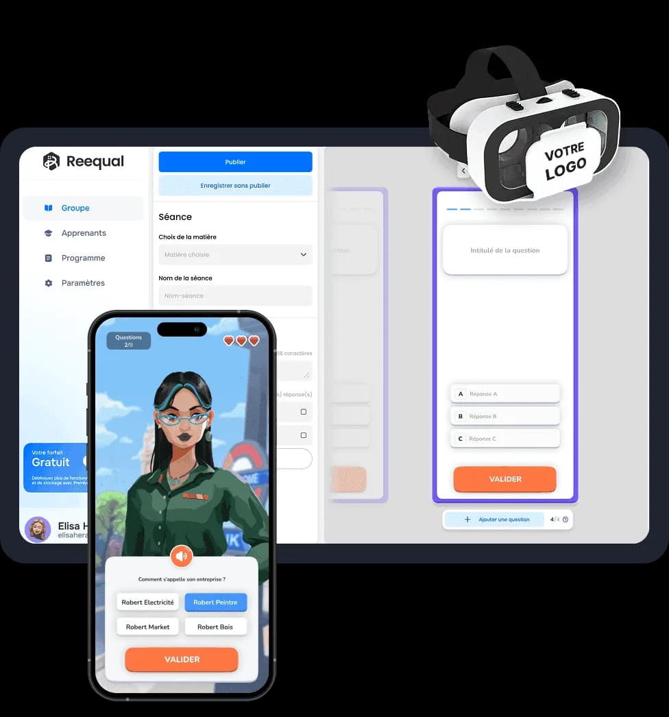 Preview of the Reequal LXP platform on desktop, mobile and VR headset