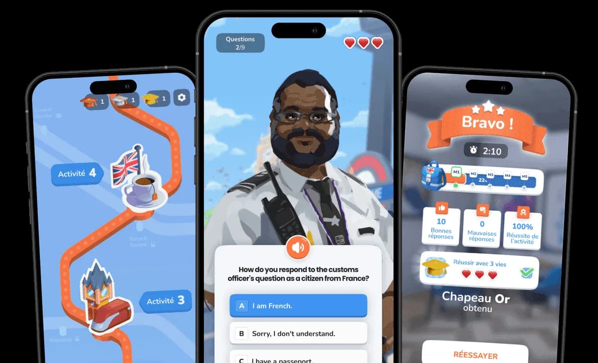 Trois écrans de l’application Reequal : parcours, jeu de rôle et récompenses