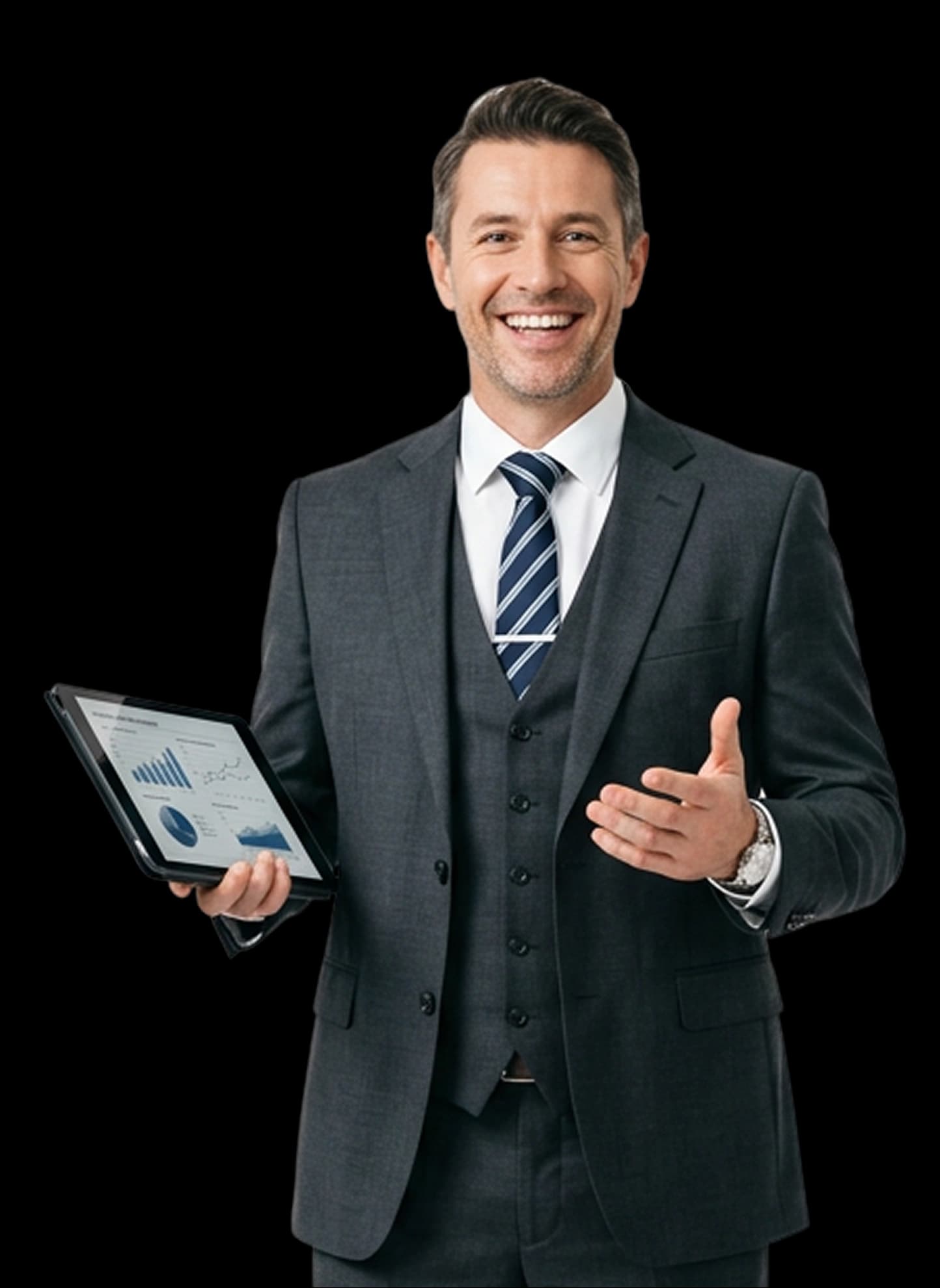 Photo : consultant en costume avec tablette